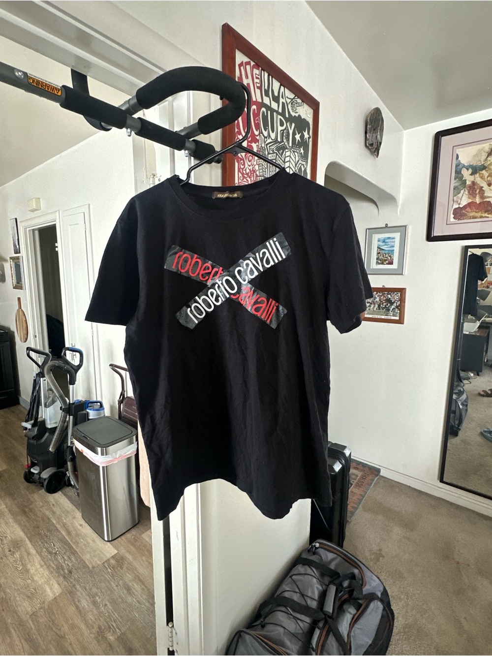 Roberto Cavalli Black Short-Sleeve Logo Tee with Red Accent